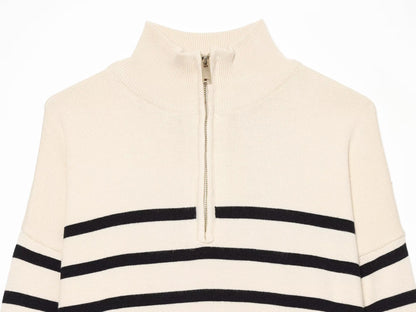 Women's soft textured zipper striped knitted sweater