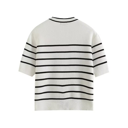 Women's autumn fashion button design short sleeved striped cardigan