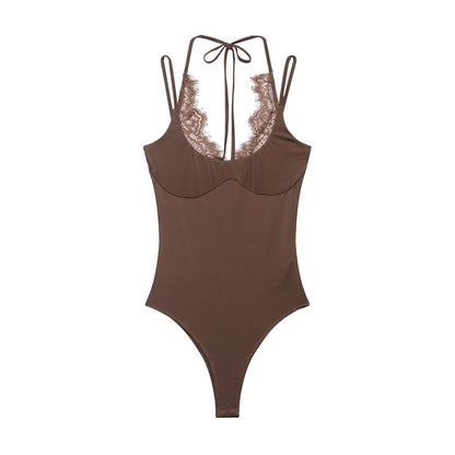 Women's lace patchwork halter neck bodysuit