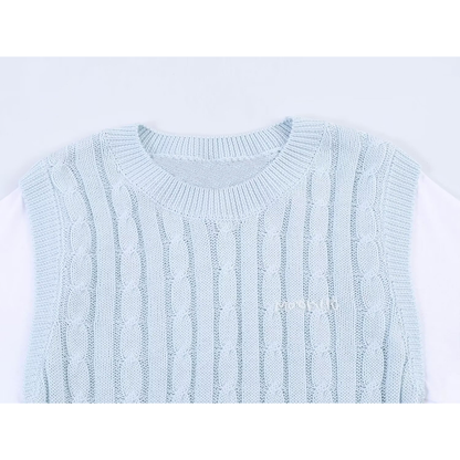 Women's contrasting fake two-piece knitted sweater