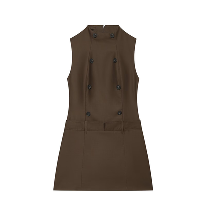 Women's button decoration slim stand collar dress