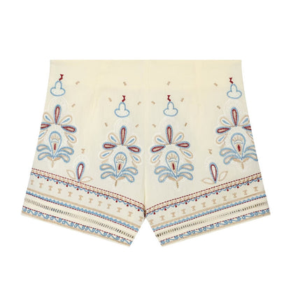 suit Women's 2 pieces linen blend embroidered top+Shorts