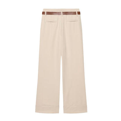 Women's casual high waisted straight leg rolled edge pants