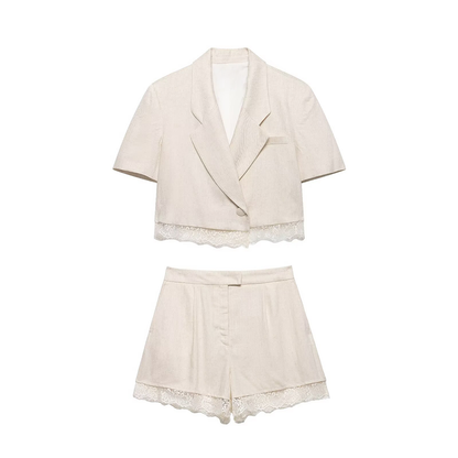suit Women's 2 pieces lace hem short Blazer Coat+shorts