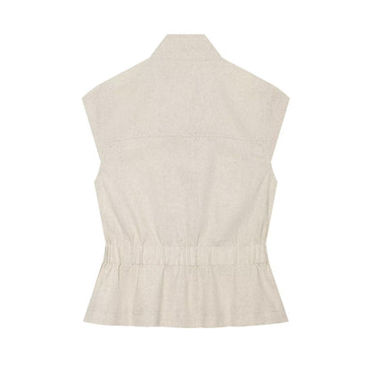Women's pocket decoration linen blend vest