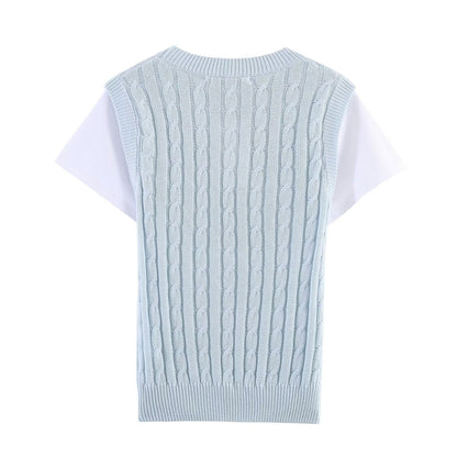 Women's contrasting fake two-piece knitted sweater