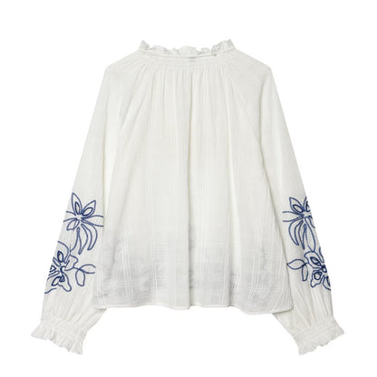 Women's floral embroidered lace up shirt