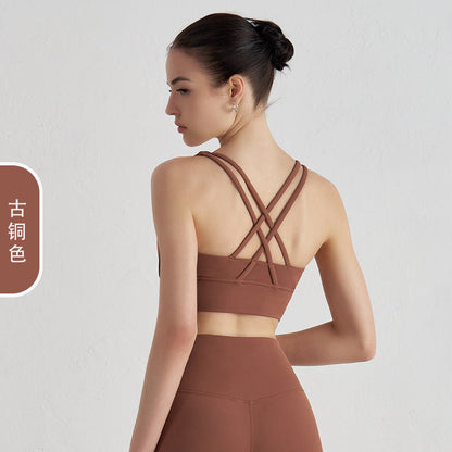 Women's new double-sided sanding cross back sports bra shockproof gathered yoga bra fitness vest
