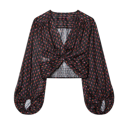 Women's knot decoration V-neck printed top