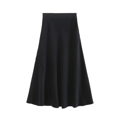 Women's new fashion slim draped satin ribbed waist midi skirt