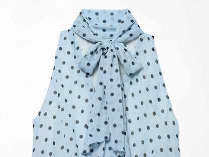 suit Women's 2 pieces polka dot lace up MIDI skirt+polka dot bow top