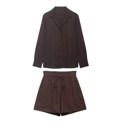 suit Women's 2 pieces pocket decoration linen blend shirt+shorts