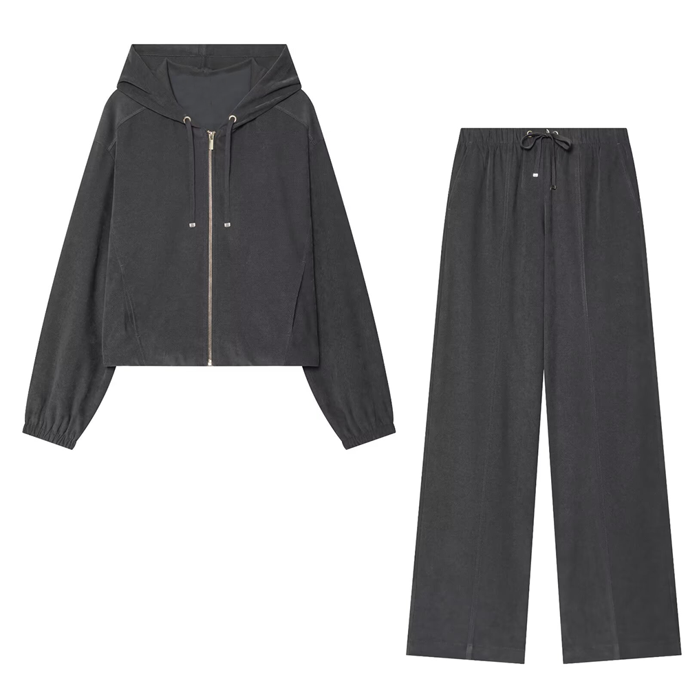 suit Women's 2 pieces long sleeved hooded zipper pilot jacket+wide leg pants