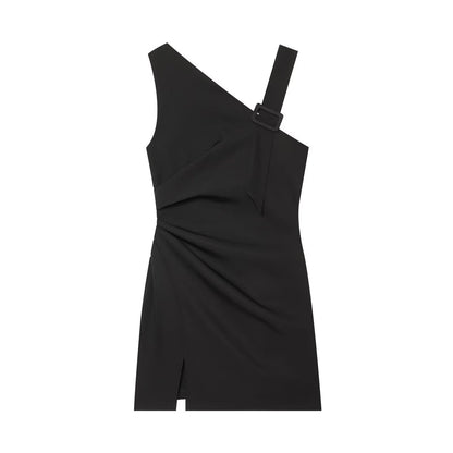 Women's buckle decoration asymmetrical mini dress