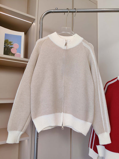 Women's new contrast striped double zipper knit cardigan coat