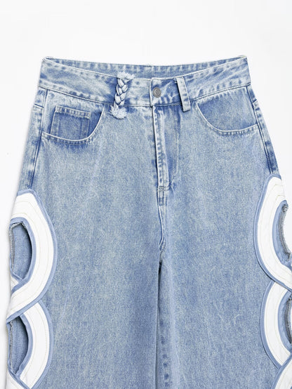 Women's hollow design high waisted straight jeans