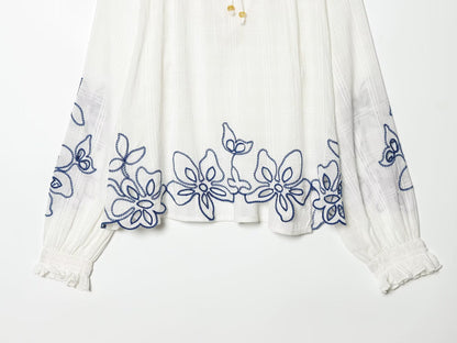 Women's floral embroidered lace up shirt