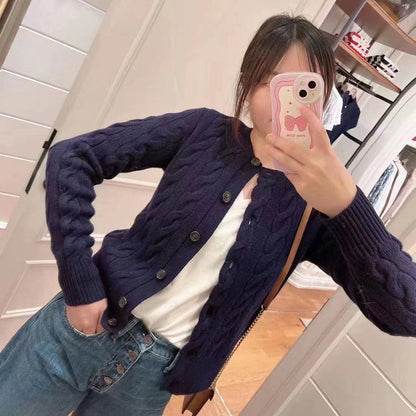 Women's new embroidered wool round neck knitted cardigan sweater