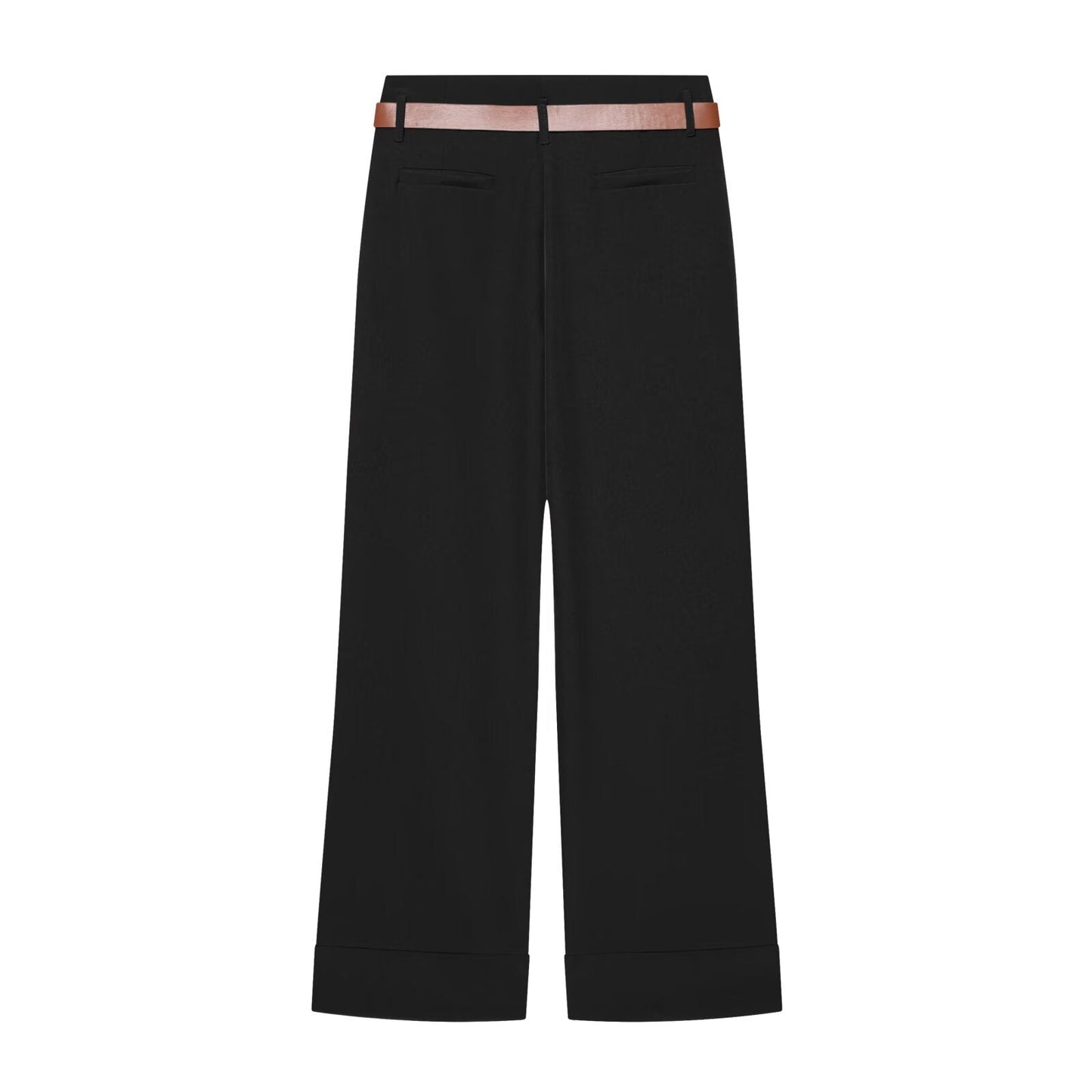Women's With Belt high waisted straight leg rolled edge pants