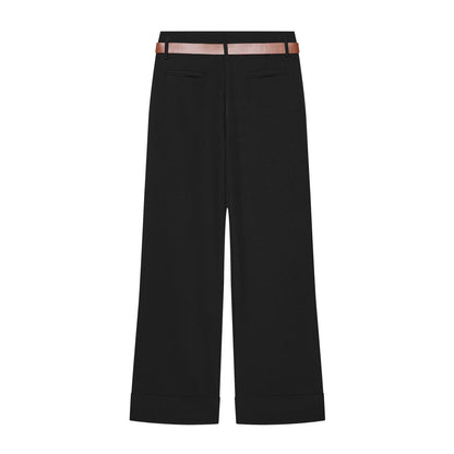 Women's With Belt high waisted straight leg rolled edge pants