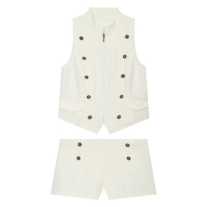 suit Women's 2 pieces zipper button up decoration sleeveless top+shorts