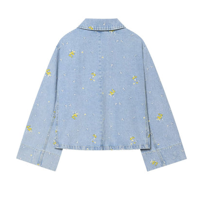 suit Women's 2 pieces flower embroidered denim jacket Coat+Shorts