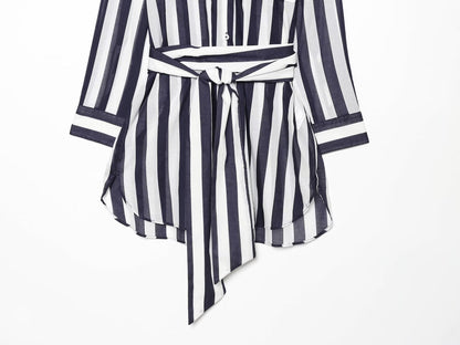 Women's With Belt Long Style Striped Shirt