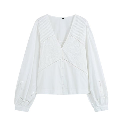 Women's embroidered V-neck poplin shirt