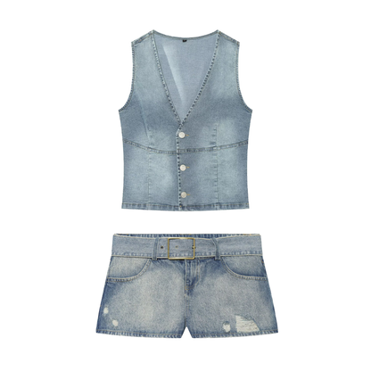 suit Women's 2 pieces slim denim vest style top+denim shorts