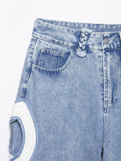 Women's hollow design high waisted straight jeans