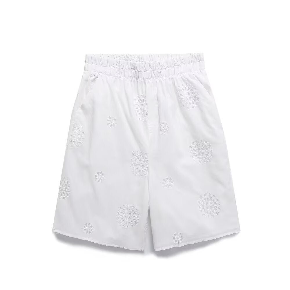 suit Women's 2 pieces loose hollow embroidered shirt+Shorts