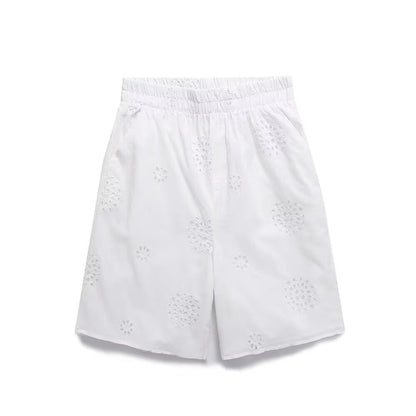 suit Women's 2 pieces loose hollow embroidered shirt+Shorts