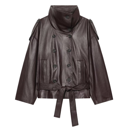 Women's with belt double breasted Faux Leather jacket Coat