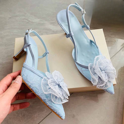Women's new fashion flower decoration high-heeled lace shoes have a shoe box