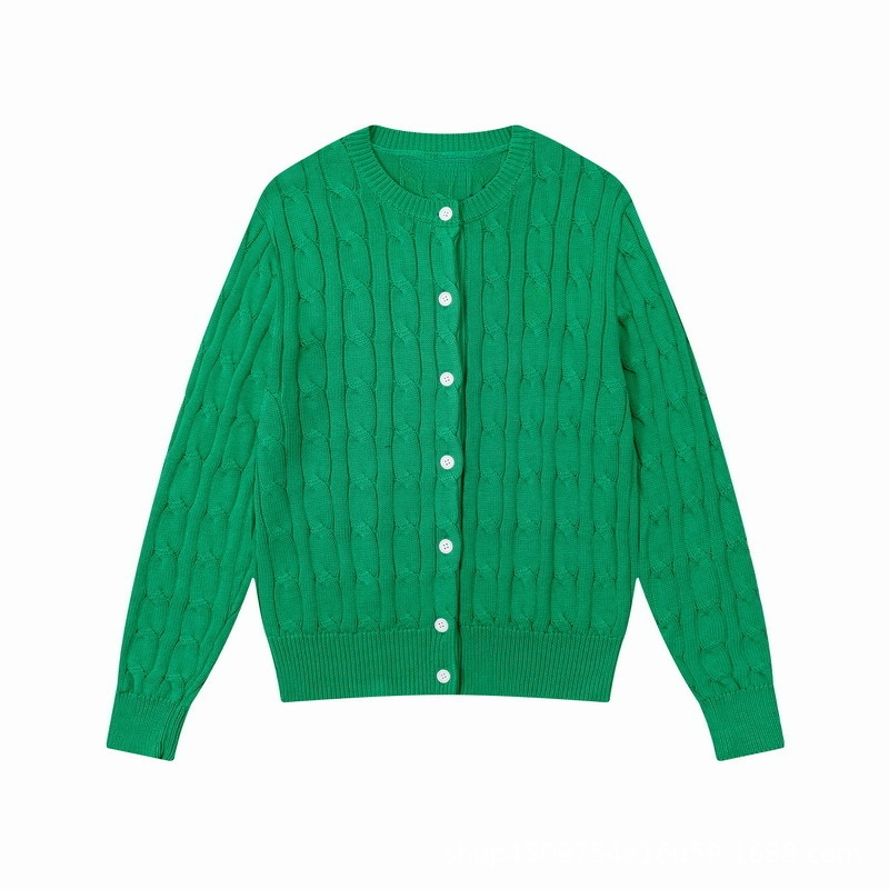 Women's new round neck solid color long sleeve knit cardigan