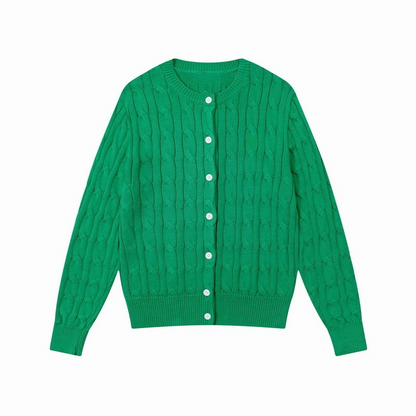Women's new round neck solid color long sleeve knit cardigan
