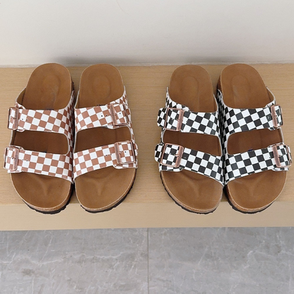 Women's 2026 new fashion cork checkerboard double buckle slippers