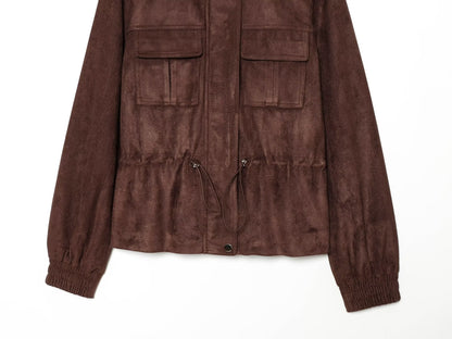 Women's suede waist cinched drawstring jacket Coat