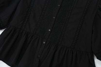 Women's hollowed out embroidered balloon sleeve shirt