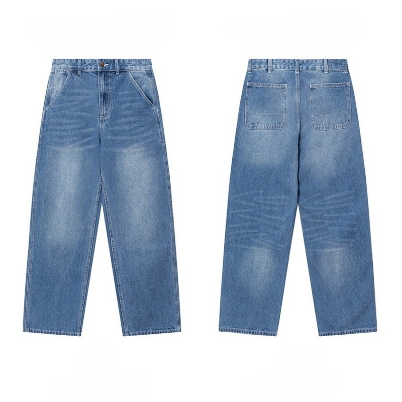 Women's new casual retro washed wide straight multi-pocket jeans