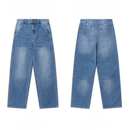 Women's new casual retro washed wide straight multi-pocket jeans
