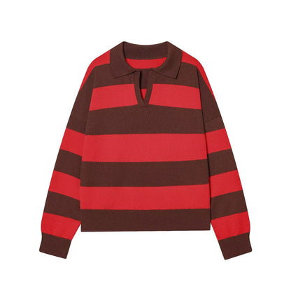 Women's casual soft texture striped knitted polo shirt
