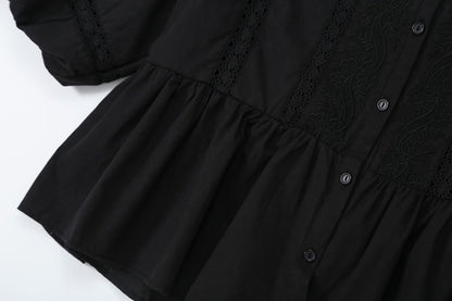 Women's hollowed out embroidered balloon sleeve shirt