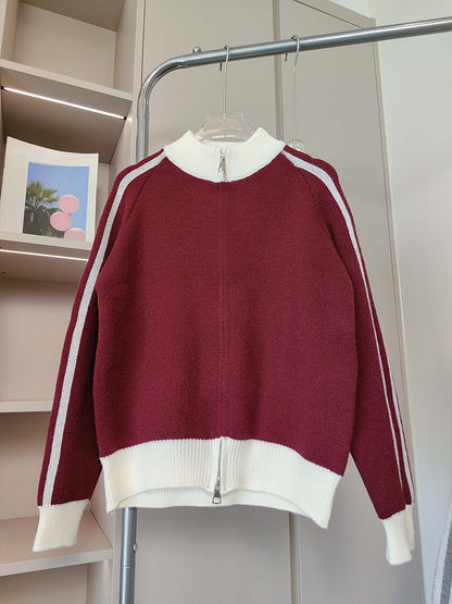 Women's new contrast striped double zipper knit cardigan coat