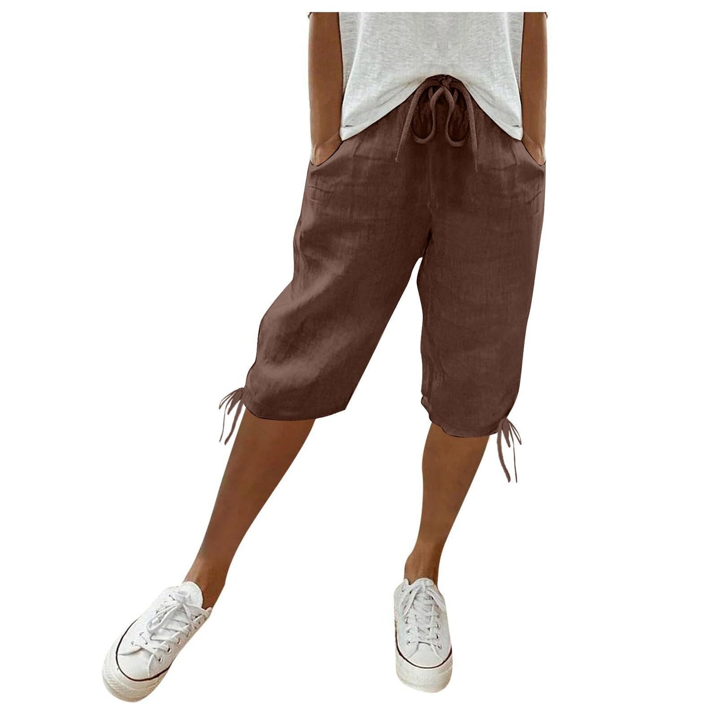 2026 women's new cotton and linen pocket elastic drawstring pants