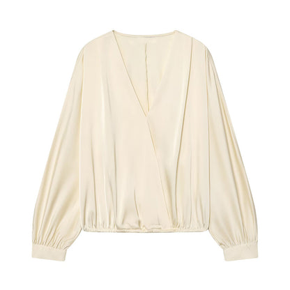 2026 Women's satin textured V-neck shirt