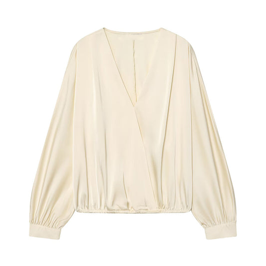 2026 Women's satin textured V-neck shirt