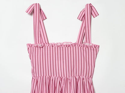 Women's bow wide shoulder strap striped dress