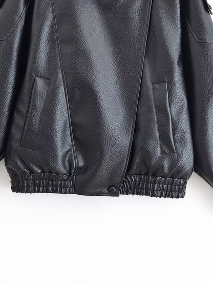 Women's 2025 fashion black stand collar patterned leather jacket Coat