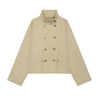 Women's retro stand collar double breasted trench coat